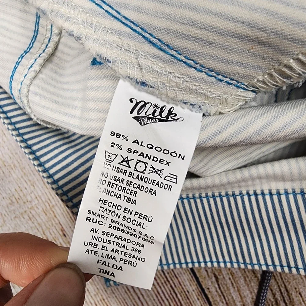 Milk Blues Teal & White Striped Denim Mini‎ Skirt Button Front Pockets Medium